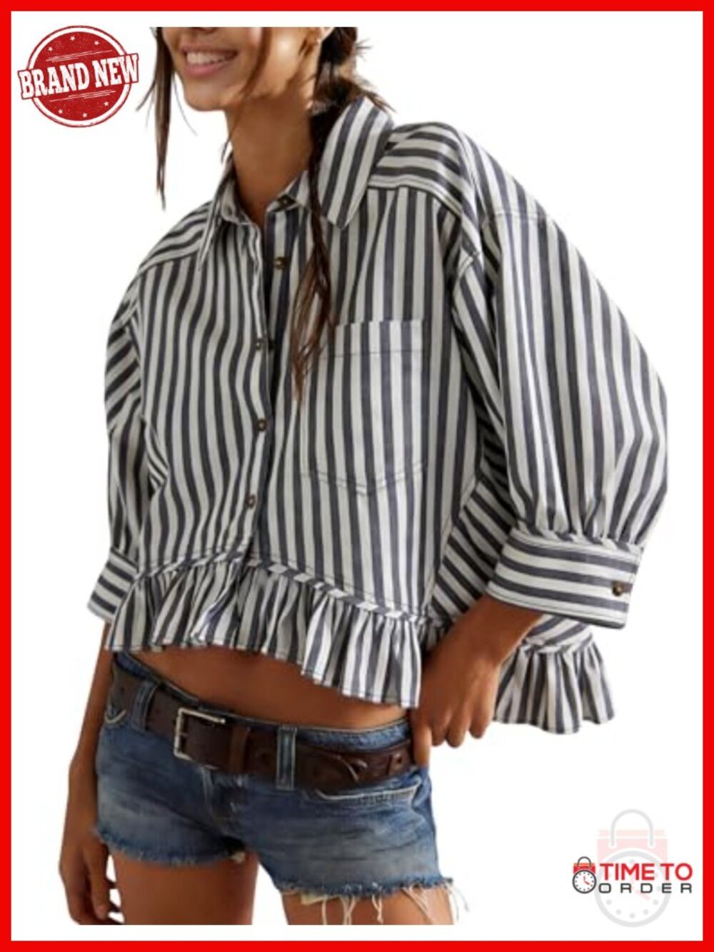 Striped 3/4 Sleeve V Neck Button Down Blouse with Pocket